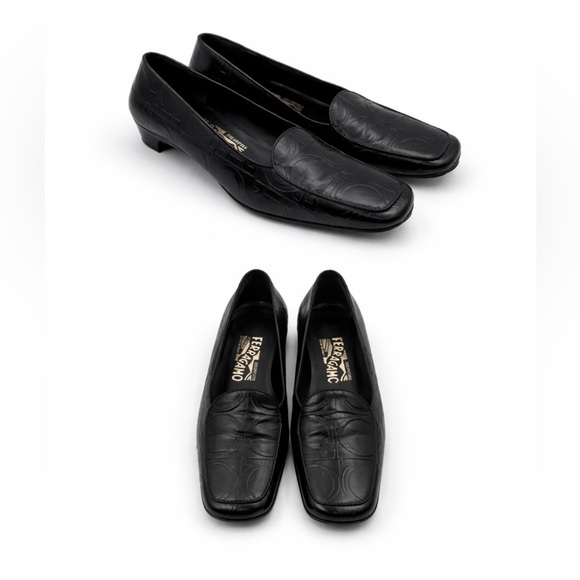 VTG Salvatore Ferragamo Black Leather Embossed Sorbet Nero PebbleSlip On Loafers - Picture 3 of 17